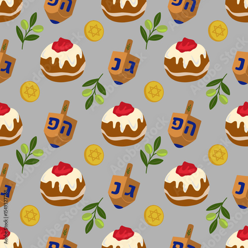 Seamless vector pattern featuring Hanukkah sufganiyot, dreidels, olive branches, and gold coins, creating a festive and joyful holiday design.