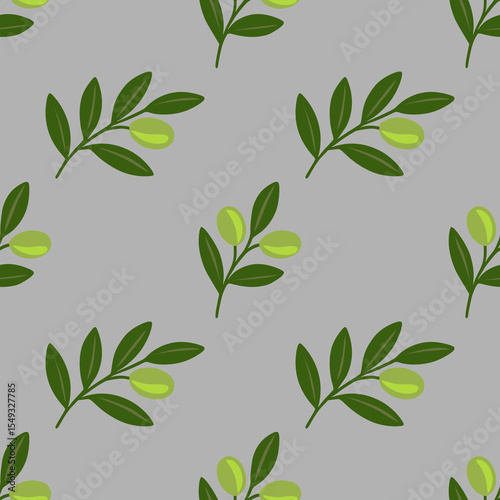 Seamless vector pattern of stylized olive branches with green olives and leaves on a grey background, perfect for textile design or wrapping paper.