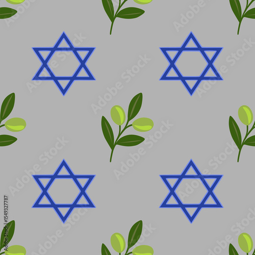 Seamless vector pattern featuring the Star of David and olive branches, a symbolic design for Hanukkah or Jewish celebrations, with a muted grey background and vibrant green and blue tones.