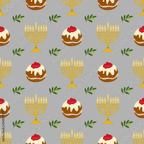 Seamless vector pattern of Hanukkah menorah, sufganiyot, and olive branches on a grey background, perfect for festive holiday designs.
