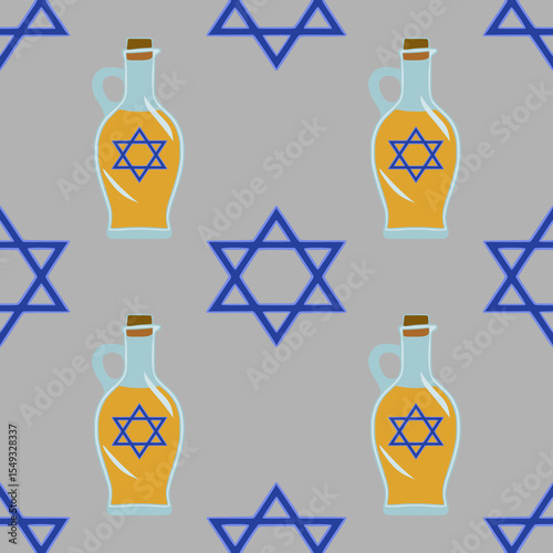 Seamless vector pattern featuring stylized oil decanters with Star of David symbols and geometric star shapes, perfect for Hanukkah or Jewish holiday designs.