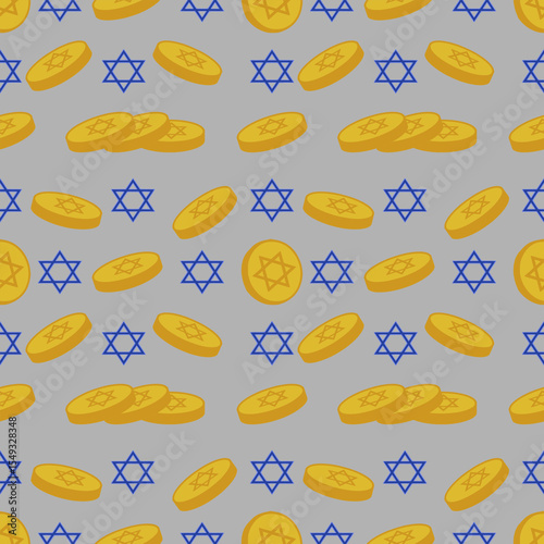 Seamless vector pattern of golden Hanukkah gelt coins and blue Star of David, perfect for festive backgrounds and holiday designs.