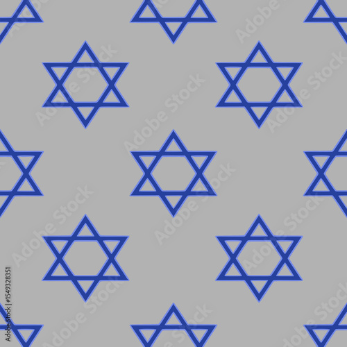 Seamless vector pattern of blue Star of David symbols on a gray background, ideal for Hanukkah or Jewish-themed designs.