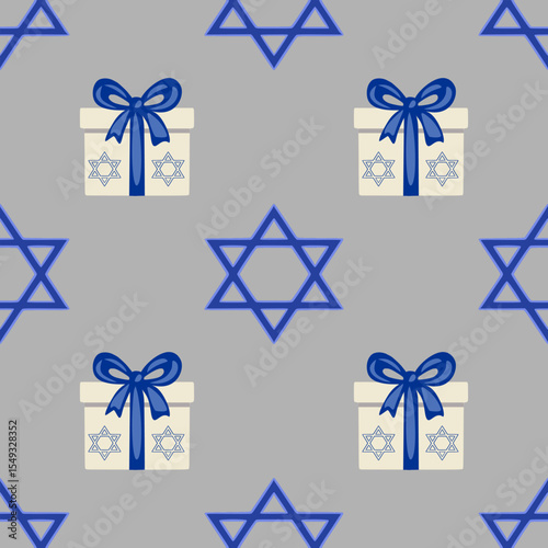 Seamless vector pattern featuring Hanukkah gift boxes with blue bows and Star of David symbols on a gray background, ideal for festive designs and holiday wrapping.