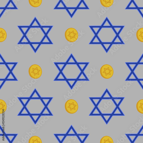 Seamless vector pattern featuring blue Star of David symbols and golden Hanukkah gelt coins on a gray background, ideal for festive holiday designs.