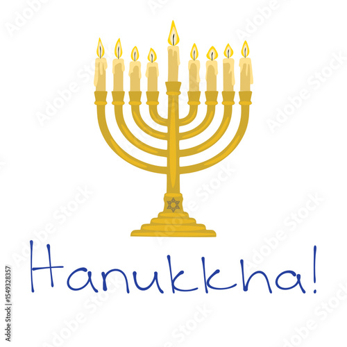 A vector illustration of a menorah with nine burning candles, a traditional symbol of Hanukkah, featuring a Star of David on the base, presented in a simple, flat style.