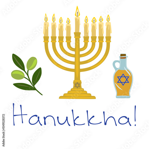 Festive Hanukkah vector illustration featuring a menorah with lit candles, an olive branch, and a bottle of oil, symbolizing the miracle of light and the holidays traditions.