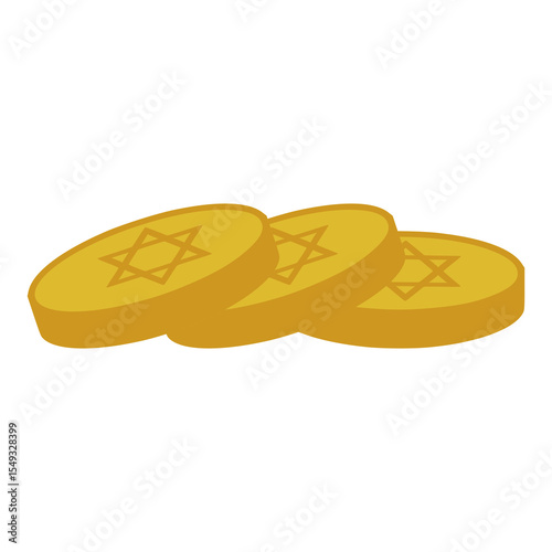 A vector illustration of three golden Hanukkah gelt coins, each imprinted with a Star of David, subtly overlapping for a dynamic composition.