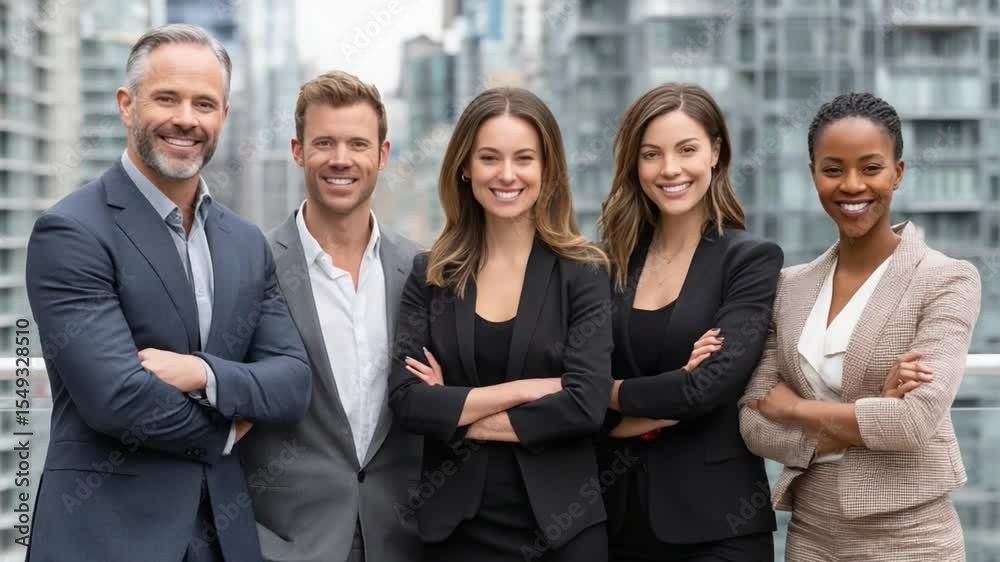 Dynamic Professionals: A poised ensemble of business professionals exudes confidence, standing before a modern cityscape and wearing suits, embodies success and teamwork.