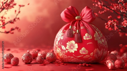 Red gift bag, floral design, blossoms, celebration, festive background, Asian New Year