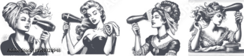 Halftone stipple dotted effect vector bundle design featuring woman drying hair with hairdryer, black silhouette style, beauty routine illustration, personal care grooming, modern haircare concept