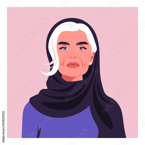 Portrait of an elderly Arab woman. Muslim grandmother in a headscarf. Middle Eastern. Vector flat illustration
