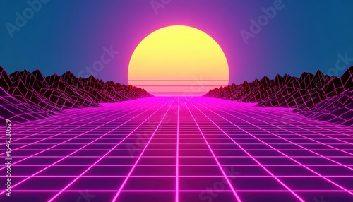 Retro Futuristic Sunset Landscape With Neon Grid Pattern