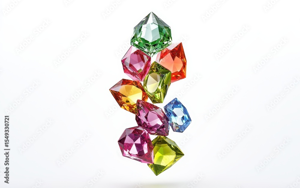 Fototapeta premium Luxurious cluster of multicolored gemstones, including peridot, garnet, and aquamarine, suspended in the air on a white background