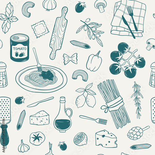 Hand drawn doodle seamless pattern of Italian pasta elements. Linear background with Italian traditional dish in sketch style. Vintage design for poster, print, packaging, menu, wrapping paper