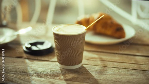 A cup of steaming coffee sits beside a flaky croissant on a wooden table in a quaint cafe. Sunlight filters through the windows, creating a warm morning atmosphere for patrons