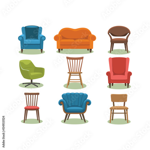 Colorful Chair and Sofa Vector Set Modern and Vintage Furniture Icons Collection.