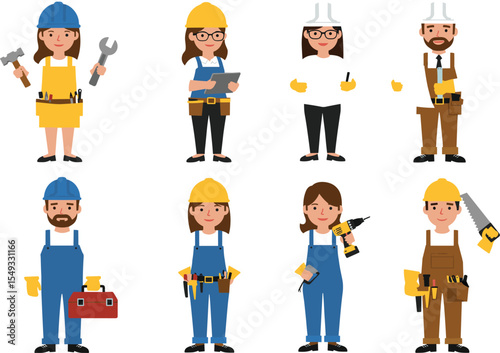 Cartoon workers, construction team, engineers, builders, hard hats, tools, blueprint, teamwork, planning, illustration, uniform, equipment, design, manual labor, diverse team, technical gear, safety, 