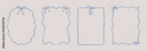 Linear set of different frames with bows and ribbons. Various hand drawn borders in sketch style. Vintage outline design for decoration, invitation, birthday, wedding celebration, party, print