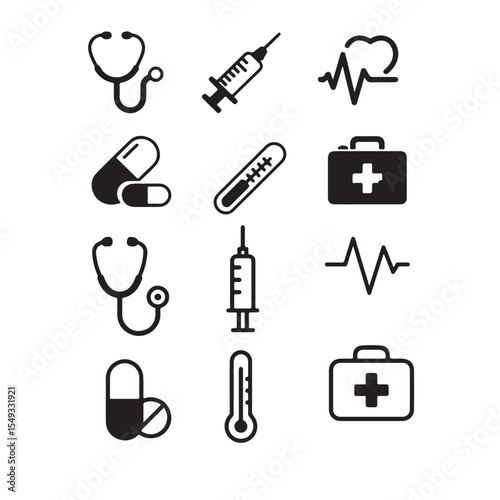Medical Icon Set – 12 Black and White Healthcare Symbols | Vector EPS