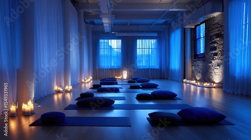A serene yoga studio at night, lit by candles and blue light