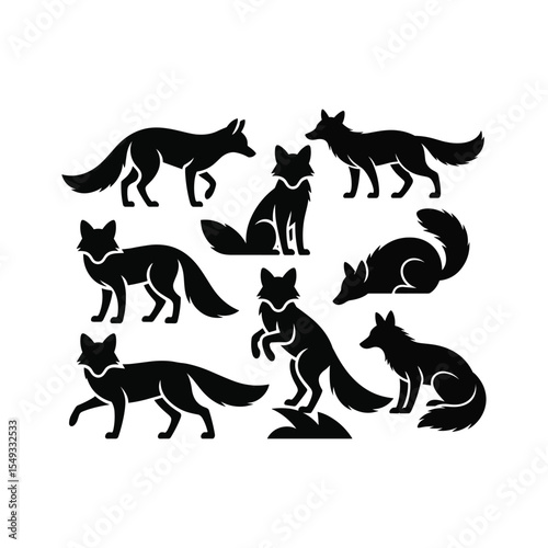 Set of Black Fox Silhouettes in Various Poses Vector Animal Illustration.