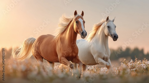 beautiful horses running through a flowering meadow