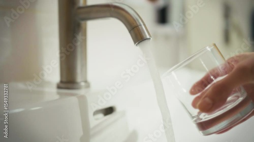 A person fills a clear glass with water from a sleek faucet in a well-lit kitchen. The setting is contemporary, showcasing simplicity and functionality as water flows effortlessly
