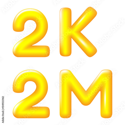 Glossy 3D Balloon Style 2K and 2M Text with Golden Letters isolate on Transparent Background Vectors Illustrations. Ideal for social media milestones, follower celebrations, and digital design.