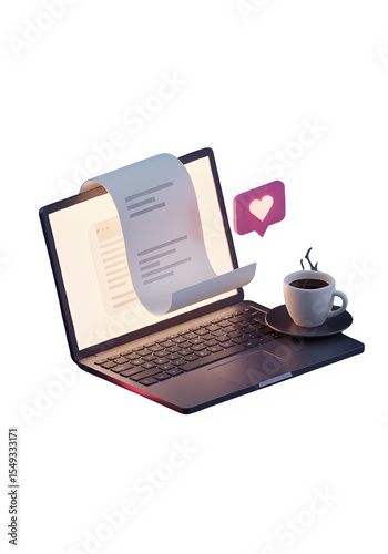 3D illustration of a laptop with digital document, heart icons, and coffee cup, symbolizing content creation and online engagement