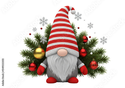 Isolated Festive Christmas Gnome with Striped Hat and Decorations