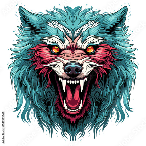 Isolated closeup portrait of evil wolf with open jaws