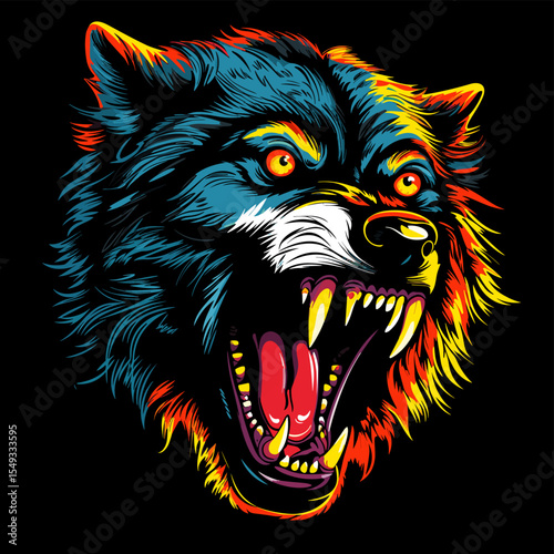 Isolated closeup portrait of evil wolf with open jaws