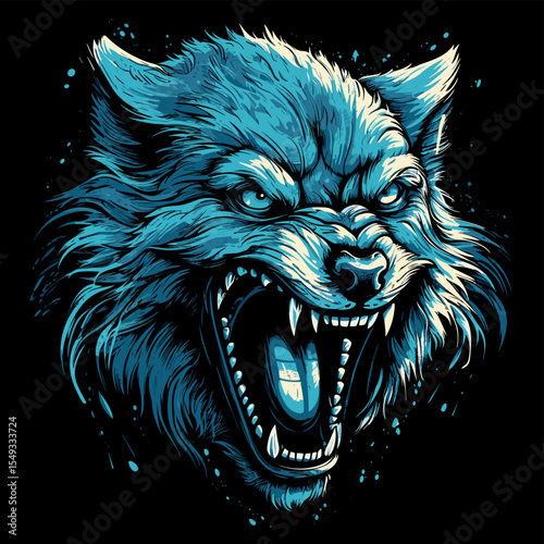 Isolated closeup portrait of evil wolf with open jaws