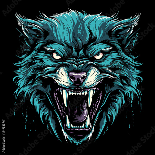 Isolated closeup portrait of evil wolf with open jaws