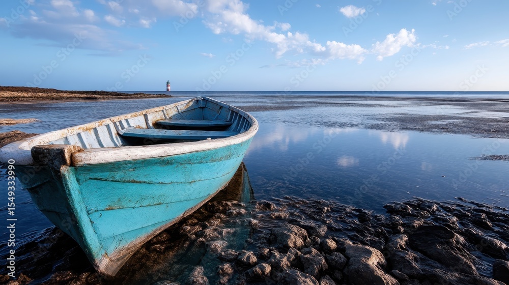Obraz premium An abandoned blue boat rests on rocky shores, surrounded by calm waters and distant lighthouses, representing nostalgia and the passage of time along stunning coastlines.
