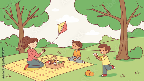  A heartwarming scene unfolds in a park, where a mother shares a picnic with her kids; kites soar in the sky. A celebration of familial bonding in an idyllic outdoor setting.