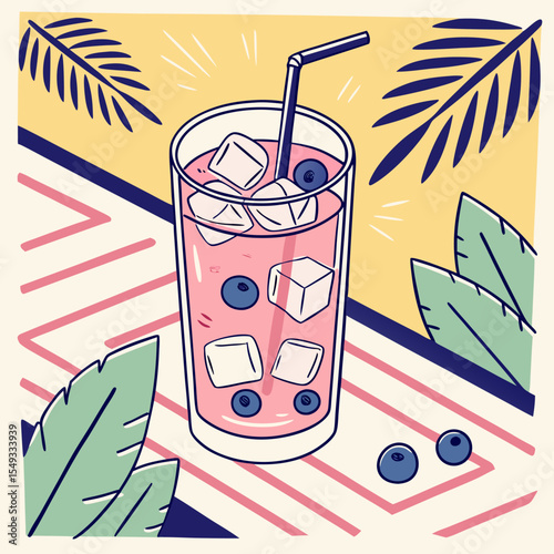 Illustrated summer beverage with pink base blueberries and mint leaf shown on textured paper in warm light 