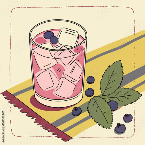 Vibrant pastel cocktail image with blueberries mint and ice rendered in a colorful flat-lighting art style