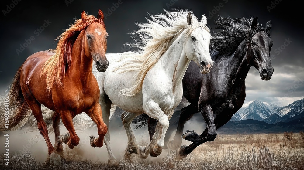 Obraz premium three horses: black, red and white run on white sand against the backdrop of mountains