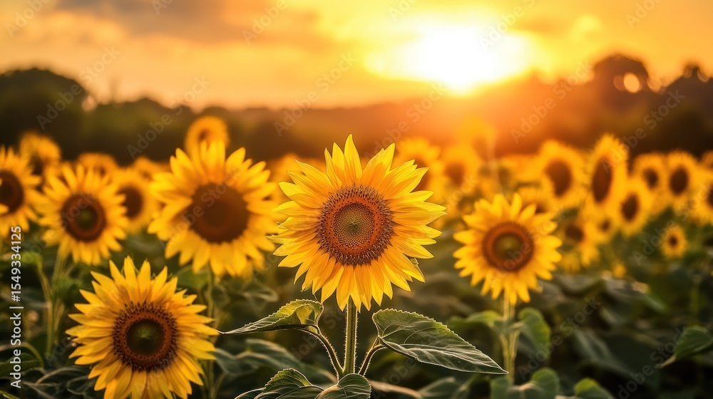 Obraz premium Sunflowers in a field at sunset (1)