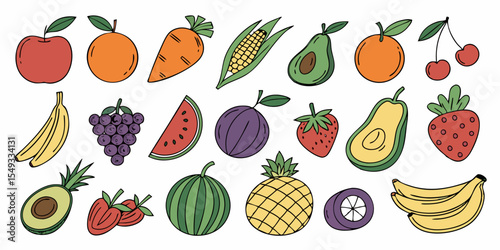 Seamless pattern background with a healthy collection of vector fruits and vegetables, including apple, orange, pineapple, carrot, strawberry, banana, pepper, pear, onion, pumpkin, cucumber, and cherr