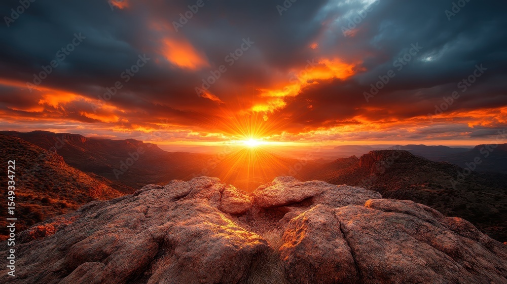 Fototapeta premium A stunning sunset illuminates a rugged rocky landscape, casting shadows and highlights across the terrain as the sun dips below the horizon, creating a breathtaking visual spectacle.