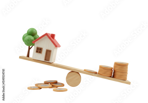 Isolated Seesaw Balancing House and Coins Representing Real Estate Investment