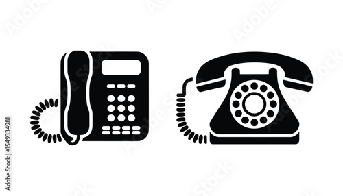 Silhouette Icons of Modern and Vintage Telephones Communication Device Vector Set.