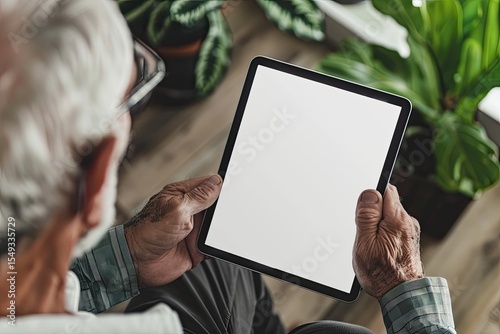 Flawless Picture of Elevated View of Senior Man Looking at Digital Tablet with Blank Screen