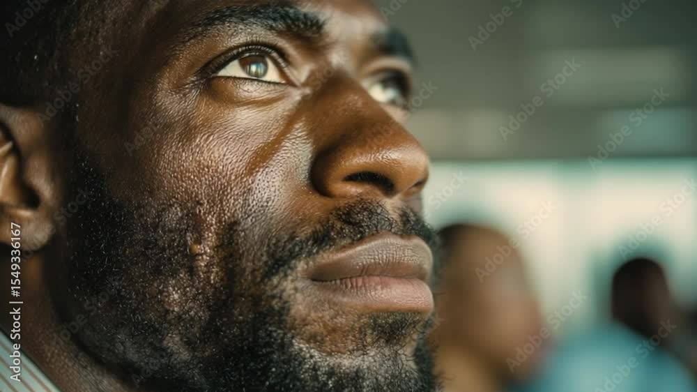 Focused Vision: A contemplative man with a determined gaze. reflecting on his thoughts and dreams, his visage etched with character and resolve, hinting at stories untold and experiences lived.