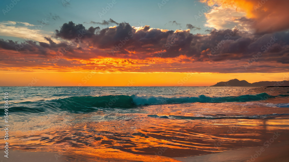 Fototapeta premium Sunset by the Shore: Witness the breathtaking moment where the sun dips below the horizon, painting the sky with fiery hues, reflected in the tranquil sea. The waves gently caress the shore.