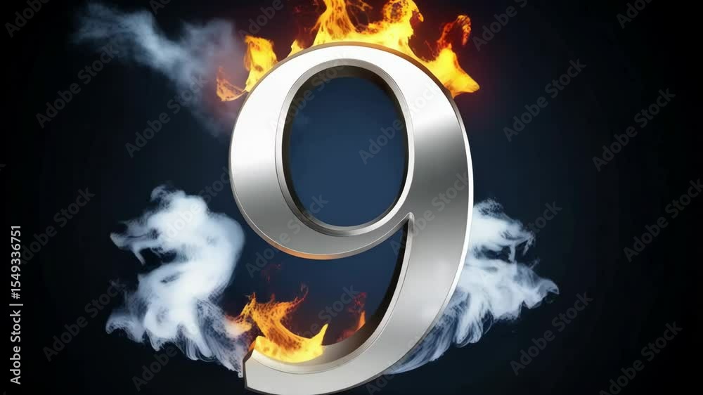 Metallic number nine with fire and smoke effects on a dark blue backdrop, abstract symbol of countdown or anniversary celebration