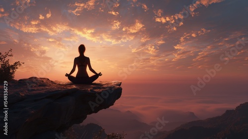 Silhouette Yoga Pose on Mountain Peak at Sunrise for Mindfulness & Wellness